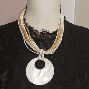 Multistrand Tan and White Seed Beads Necklace with MOP Shell Pendant